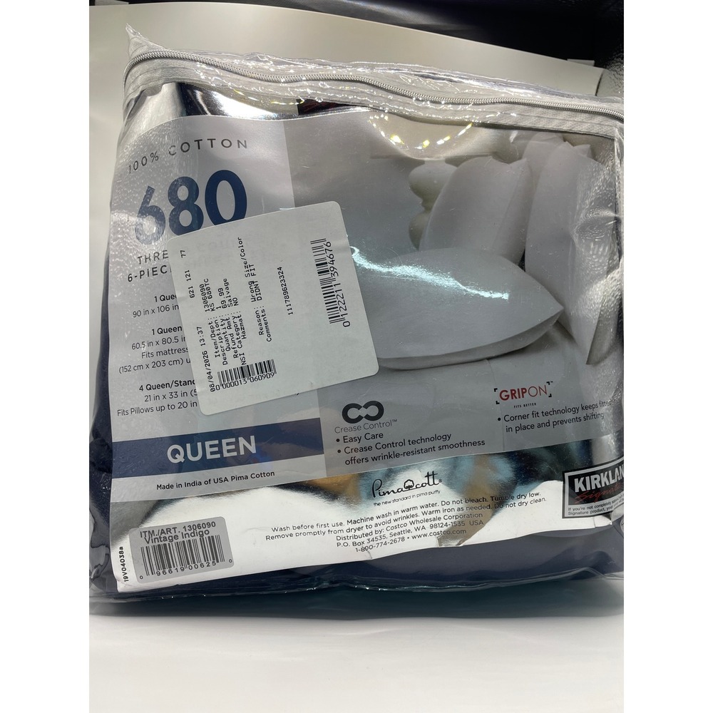 Kirkland Signature Sheet Set Queen Vintage Indigo NEW 680TC Pima Cotton 6pc